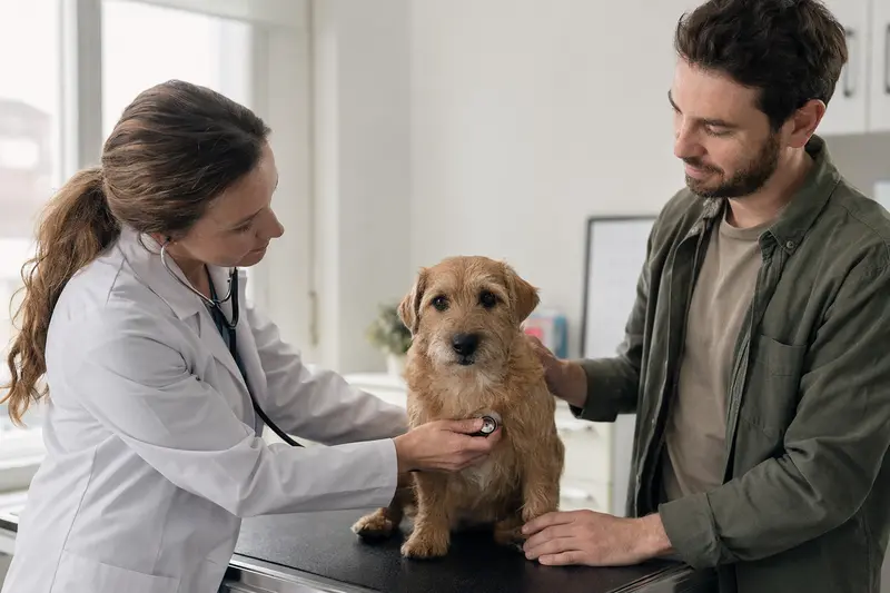 Ein Norfolk Spaniel wird von einer Tierärztin auf einem Untersuchungstisch untersucht, während der Besitzer beruhigend danebensteht.