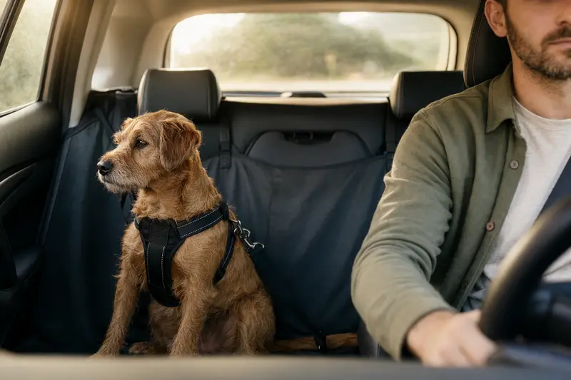 Ein Norfolk Spaniel sitzt sicher angeschnallt auf der Rückbank eines Autos, während der Besitzer ruhig fährt und Sonnenlicht durch das Fenster fällt.
