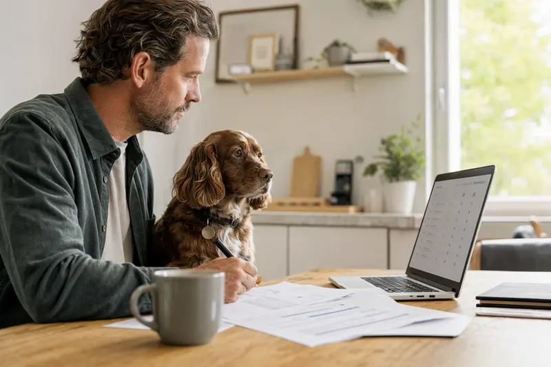 Norfolk Spaniel sitzt ruhig neben seinem Besitzer am Küchentisch mit Versicherungsunterlagen und Laptop zur Tierkrankenversicherung.