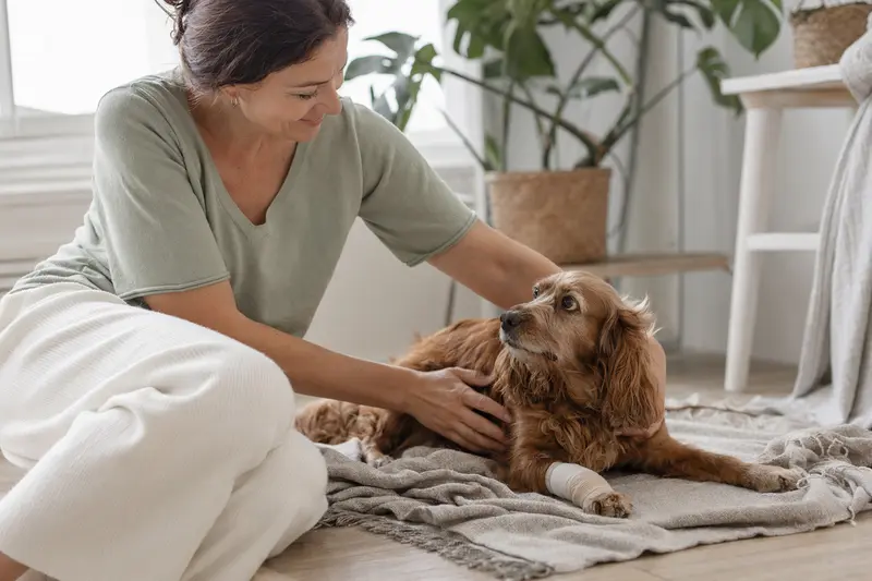 Ein Norfolk Spaniel liegt mit leichtem Verband an der Pfote ruhig auf einer Decke neben seinem erleichterten Besitzer in einer hellen Wohnung.