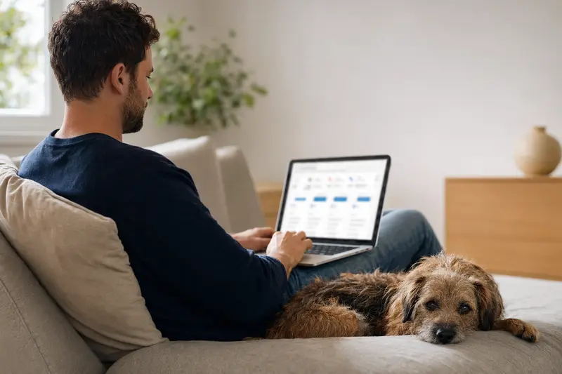 Ein Besitzer mit Laptop auf dem Sofa, neben ihm ein Norfolk Spaniel, der Bildschirm zeigt einen Versicherungsvergleich.