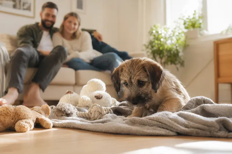 Ein junger Norfolk Spaniel Welpe erkundet neugierig sein neues Zuhause, umgeben von einer liebevollen Familie.