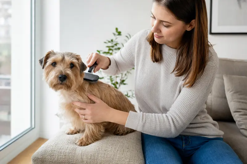 Ein Norfolk-Terrier wird in einer hellen Wohnung von seinem Besitzer sanft gebürstet und gepflegt.