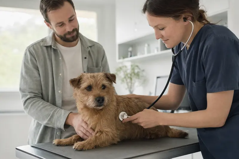 Ein Norfolk-Terrier wird von einer freundlichen Tierärztin auf einem Untersuchungstisch in einer modernen Tierarztpraxis untersucht.
