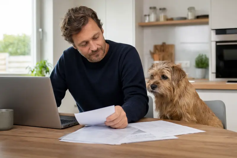 Ein Norfolk-Terrier sitzt ruhig neben seinem Besitzer am Küchentisch, während Versicherungsunterlagen und ein Laptop zur Hundekrankenversicherung bereitliegen.