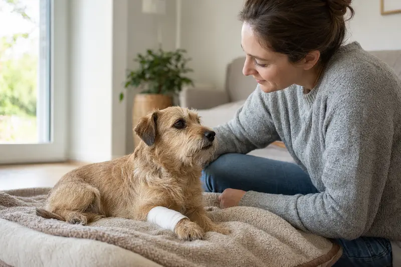 Ein Norfolk-Terrier liegt mit leicht verbundenem Pfötchen ruhig auf einer Decke, während sein Besitzer erleichtert neben ihm sitzt.
