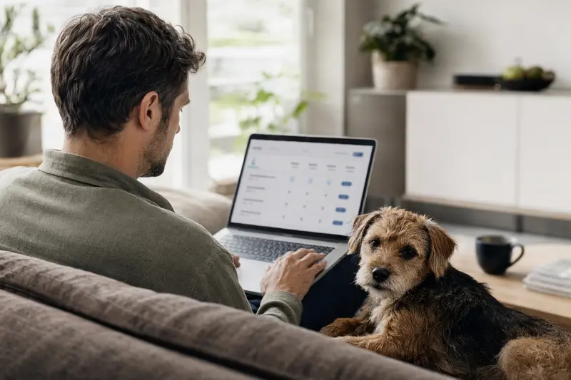 Ein Norfolk-Terrier sitzt entspannt neben einem Laptop auf dem Sofa, während sein Besitzer einen Versicherungsvergleich durchführt.