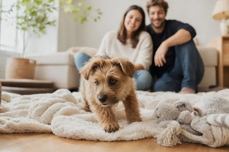Ein neugieriger Norfolk-Terrier Welpe spielt in seiner neuen, liebevollen Umgebung mit Spielzeug.