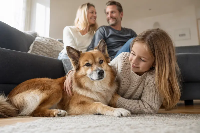 Ein freundlicher Norrbottenspets Hund liegt entspannt neben einem Kind im hellen Wohnzimmer, während die Eltern im Hintergrund zu sehen sind.