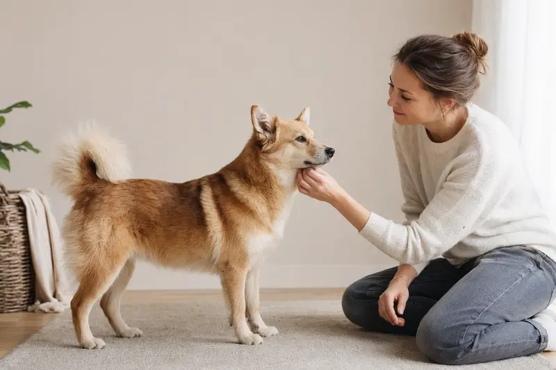 Aufmerksamer Norrbottenspets Hund in natürlicher Haltung vor hellem Hintergrund, als professionelles Tierportrait mit weichem Licht.