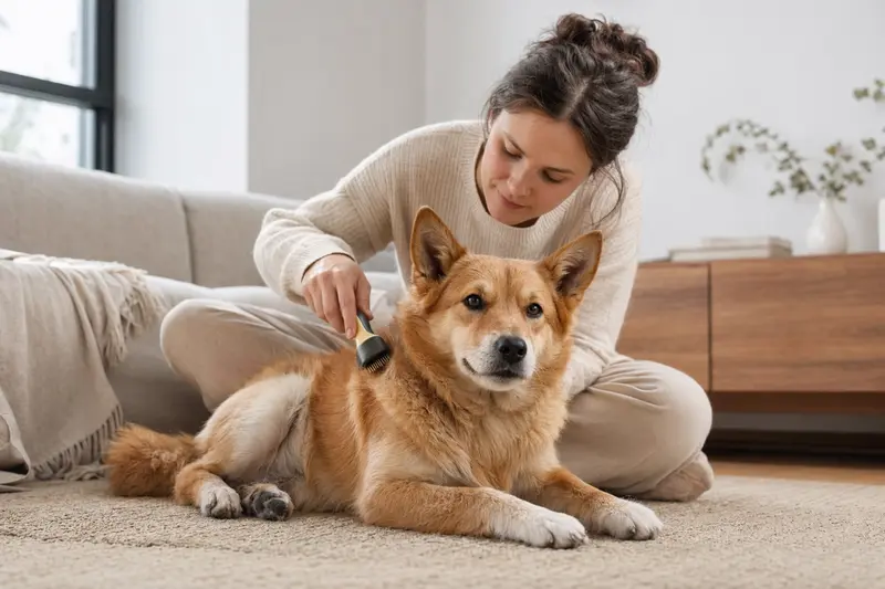 Ein Norrbottenspets wird in einer hellen Wohnung sanft gebürstet, während sich der Besitzer liebevoll um die Fellpflege kümmert.