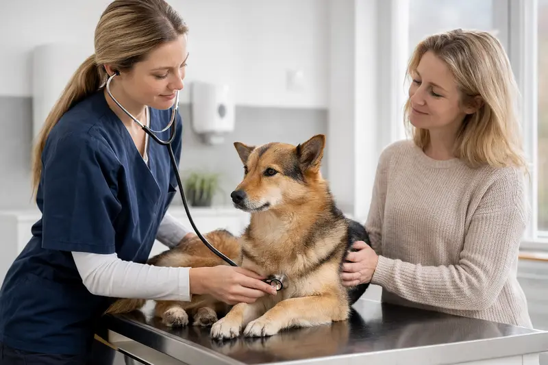 Ein ruhiger Norrbottenspets auf einem Untersuchungstisch während einer Untersuchung durch eine freundliche Tierärztin.