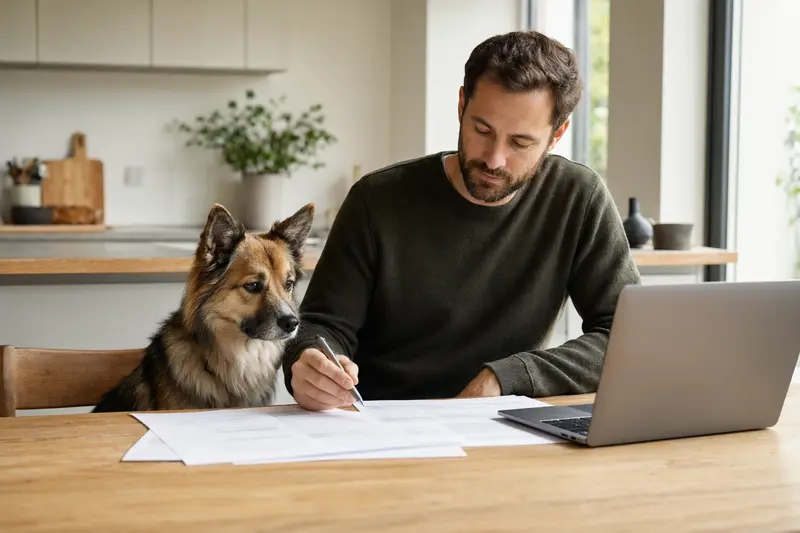 Norrbottenspets sitzt ruhig neben seinem Besitzer am Küchentisch mit Versicherungsunterlagen und Laptop zur Tierkrankenversicherung.