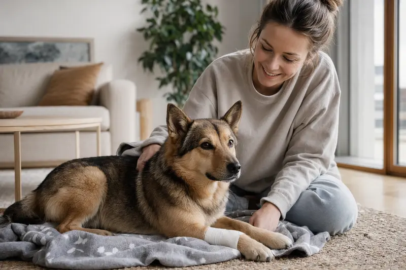Ein Norrbottenspets mit leichtem Verband an der Pfote liegt ruhig auf einer Decke, während sein Besitzer erleichtert neben ihm sitzt.