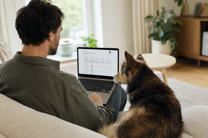 Ein Hundehalter sitzt mit einem Norrbottenspets auf dem Sofa und vergleicht tiermedizinische Versicherungen am Laptop.