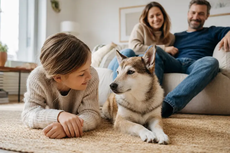 Ein freundlicher Norsk Lundehund liegt entspannt neben einem Kind im hellen Wohnzimmer, während die Eltern im Hintergrund eine sichere Familienatmosphäre schaffen.