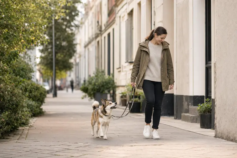 Ein Norsk Lundehund läuft an der Leine mit seinem Besitzer durch eine freundliche moderne Stadtstraße.