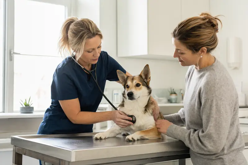 Ein freundlicher Norsk Lundehund wird von einer Tierärztin auf einem Untersuchungstisch in einer modernen Praxis untersucht.