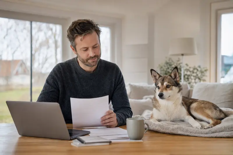 Ein Hundehalter sitzt mit einer Tierarztrechnung am Tisch, während ein entspannter Norsk Lundehund auf einer Decke daneben ruht, passend zum Thema Tierarztkosten und Hundekrankenversicherung.