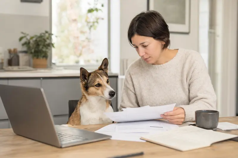 Ein Norsk Lundehund sitzt ruhig neben seinem Besitzer am Küchentisch, während Versicherungsunterlagen und ein Laptop eine Tierkrankenversicherung zeigen.