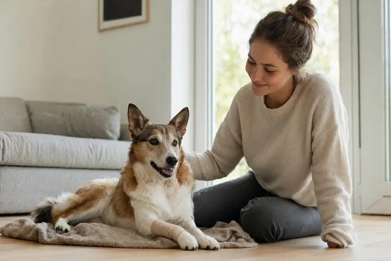 Ein Norsk Lundehund mit leicht verbundenem Pfötchen liegt ruhig auf einer Decke, während sein Besitzer erleichtert neben ihm sitzt.