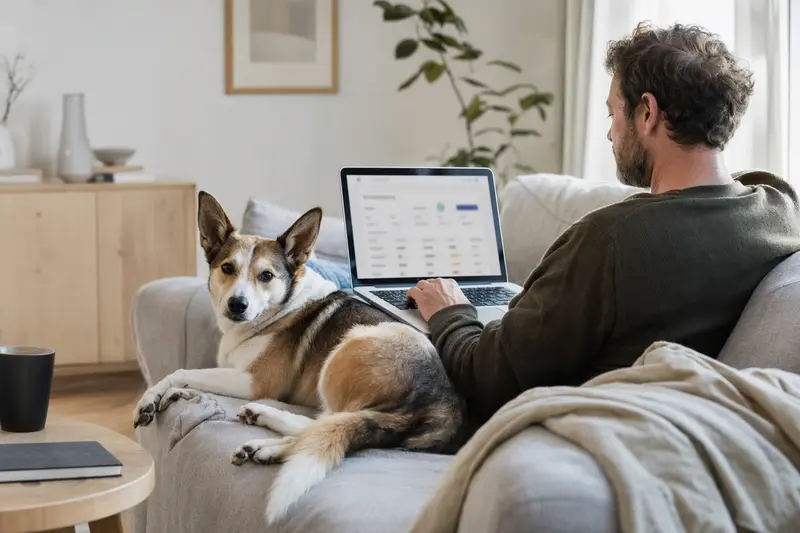 Ein Hundebesitzer mit einem Norsk Lundehund nutzt einen Laptop auf dem Sofa, um Tierversicherungen zu vergleichen.