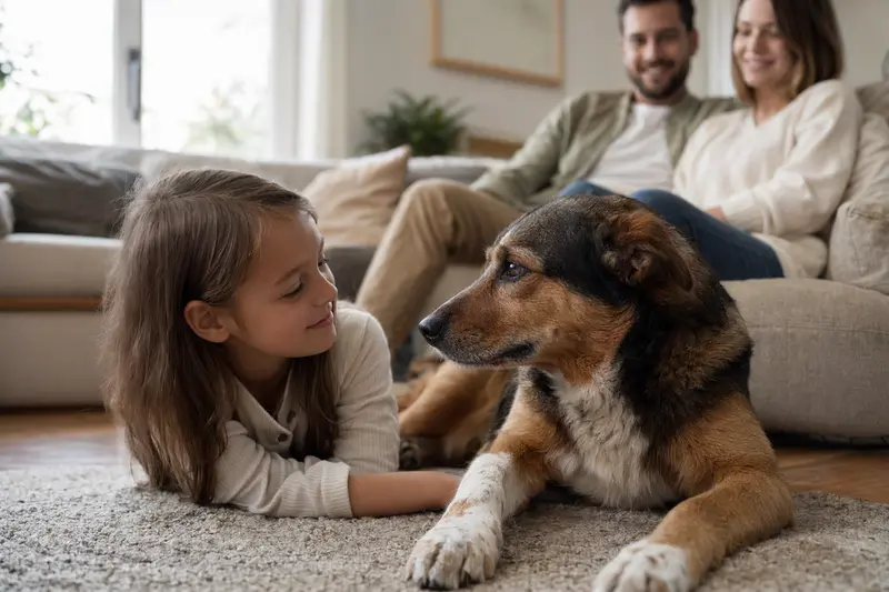 Ein freundlicher North American Native Dog liegt entspannt neben einem Kind im Wohnzimmer, während im Hintergrund die Eltern eine sichere Familienatmosphäre schaffen.