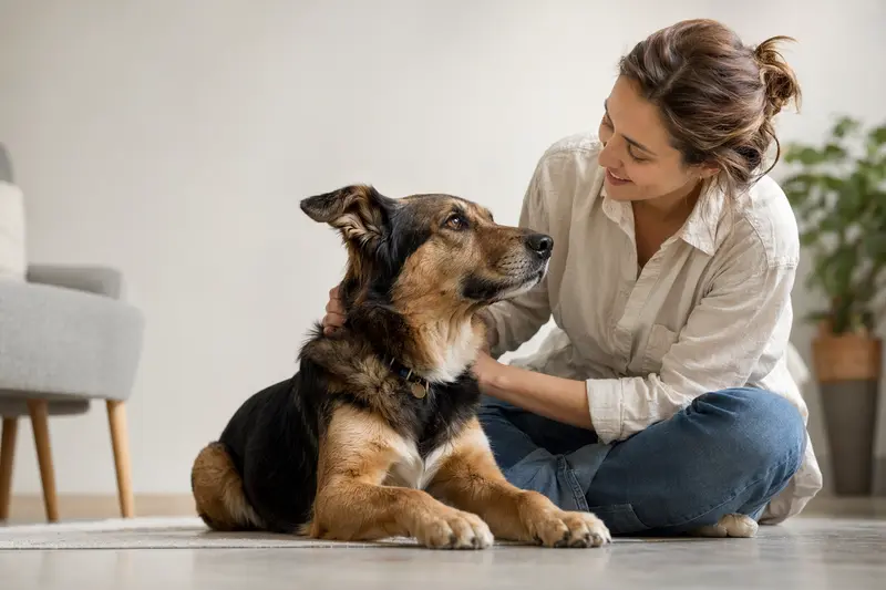 Ein North American Native Dog steht aufmerksam in natürlicher Haltung vor hellem Hintergrund und zeigt ein realistisches Hundeportrait mit typischer Fellstruktur.