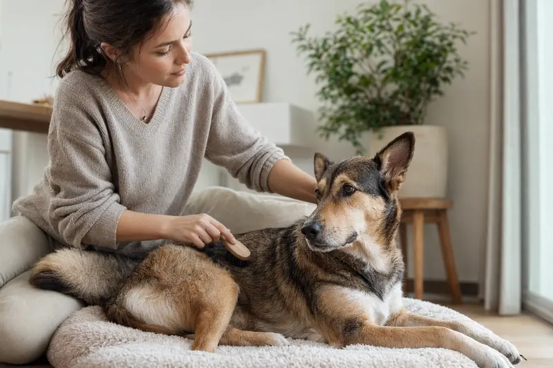 Ein North American Native Dog wird in einer hellen Wohnung liebevoll gebürstet und gepflegt, was die verantwortungsvolle Fellpflege bei Hunden zeigt.