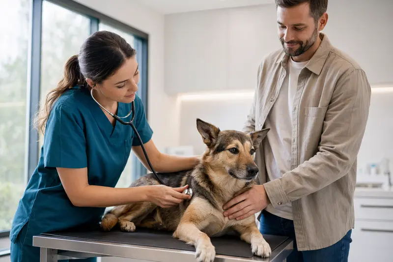Freundliche Tierärztin untersucht einen ruhigen North American Native Dog auf dem Untersuchungstisch in einer modernen Tierarztpraxis, während der Besitzer beruhigend danebensteht.