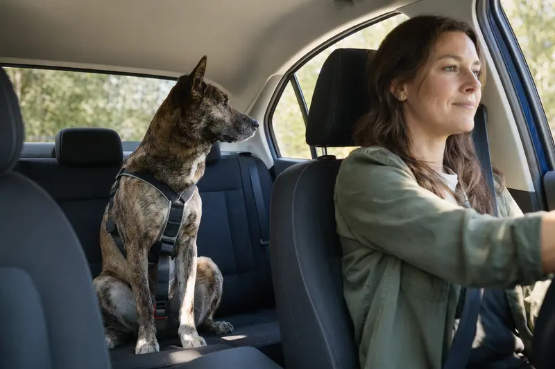 Ein North American Native Dog sitzt sicher angeschnallt auf der Rückbank eines Autos, während der Besitzer ruhig fährt.