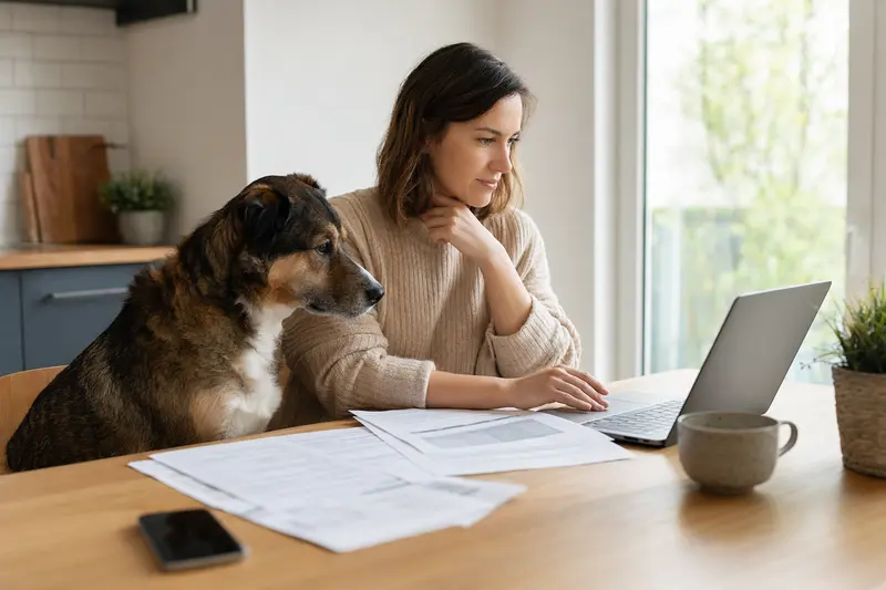 Ein North American Native Dog sitzt ruhig neben seinem Besitzer am Küchentisch, während Versicherungsunterlagen und ein Laptop mit Vergleichsseite vor ihm liegen.