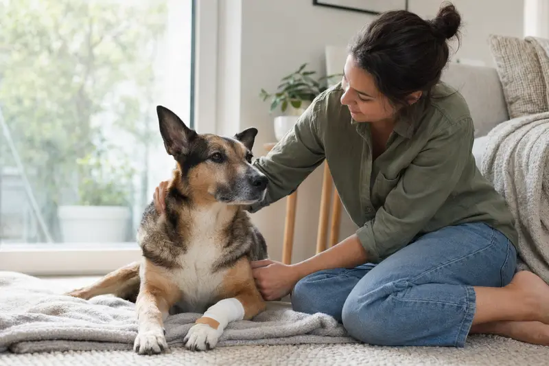Ein North American Native Dog mit leichtem Verband an der Pfote liegt ruhig auf einer Decke, während sein Besitzer erleichtert neben ihm sitzt.