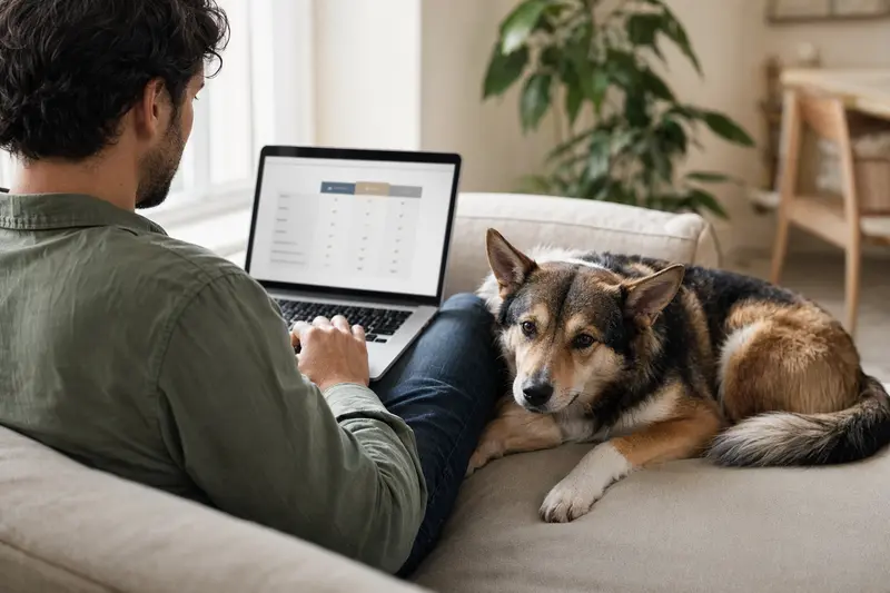 Ein Hundebesitzer sitzt mit einem Laptop auf dem Sofa, während ein North American Native Dog neben ihm liegt.
