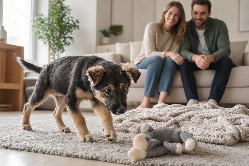 Junger North American Native Dog Welpe erkundet neugierig sein neues Zuhause auf einer weichen Decke mit Spielzeug, während seine Familie im Hintergrund liebevoll zusieht.