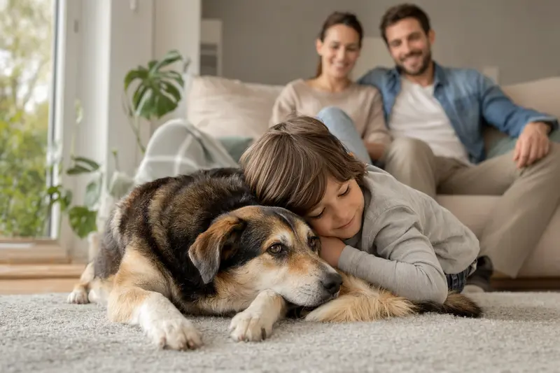 Ein freundlicher Norwegian Hound liegt entspannt neben einem Kind im Wohnzimmer, während die Eltern im Hintergrund stehen.