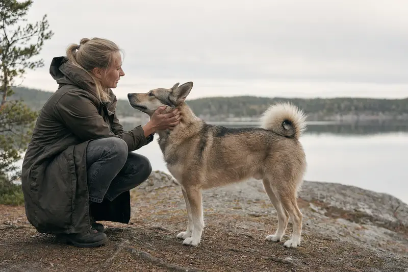 Aufmerksam stehender Norwegian Hound mit typischer Körperform und Fellstruktur vor hellem Hintergrund.