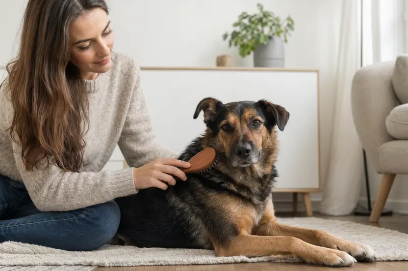 Ein Norwegian Hound wird zuhause sanft gebürstet, während sich sein Besitzer liebevoll um die Fellpflege kümmert.