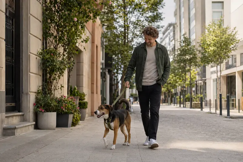 Ein Norwegian Hound läuft an der Leine mit seinem Besitzer durch eine moderne Stadtstraße.