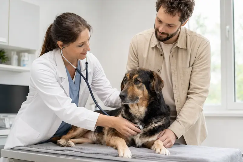 Ein Norwegian Hound sitzt ruhig auf einem Untersuchungstisch, während eine freundliche Tierärztin ihn mit einem Stethoskop untersucht.