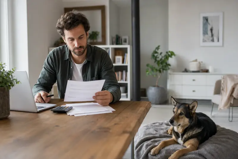 Ein Hundebesitzer sitzt mit einer Tierarztrechnung am Tisch, während ein entspannter Norwegian Hound auf einer Decke liegt und das Thema Tierarztkosten in ruhiger Atmosphäre sichtbar macht.
