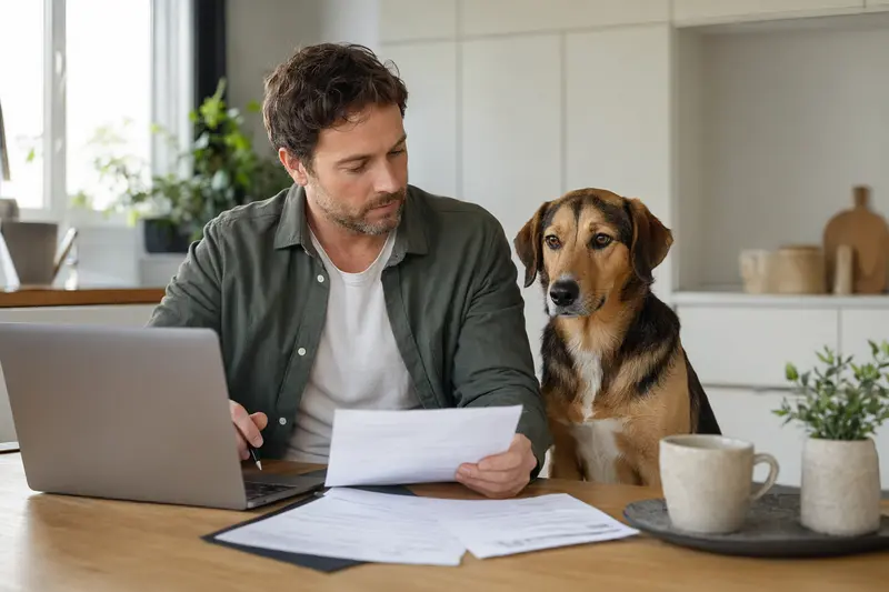 Ein Norwegian Hound sitzt ruhig neben seinem Besitzer am Küchentisch mit Versicherungsunterlagen und Laptop zur Hundekrankenversicherung.