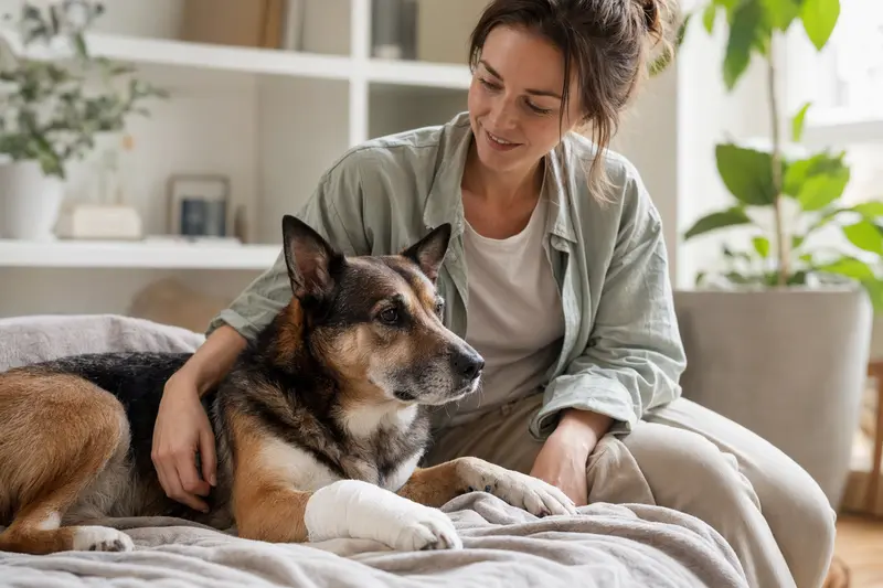 Ein Norwegian Hound mit leichtem Verband an der Pfote liegt ruhig auf einer Decke, während sein Besitzer neben ihm erleichtert sitzt.