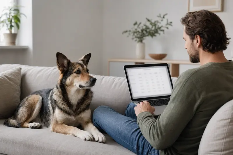 Ein Besitzer sitzt mit einem Laptop auf dem Sofa, während ein Norwegian Hound Hund neben ihm sitzt und der Bildschirm eine Versicherungsvergleichs-Oberfläche zeigt.