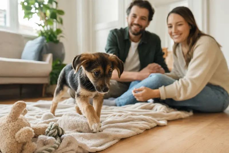 Ein neugieriger Norwegian Hound Welpe erkundet sein neues Zuhause mit einer liebevollen Familie im Hintergrund.
