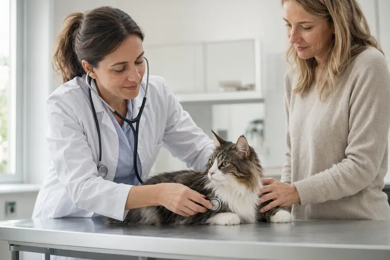 Eine ruhige Norwegische Waldkatze wird behutsam von einer freundlichen Tierärztin mit einem Stethoskop untersucht, während der Besitzer beruhigend neben ihr steht.