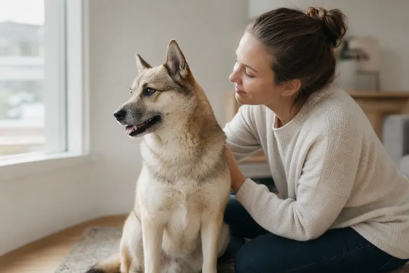 Ein aufmerksamer Norwegischer Buhund steht in natürlicher Haltung vor hellem Hintergrund und zeigt sein typisches Fell und seine klare Körperform.