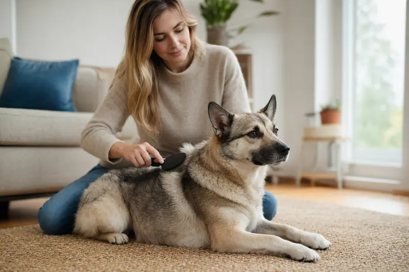 Ein Norwegischer Buhund wird in einer hellen Wohnung sanft gebürstet, während sein Besitzer liebevoll die Fellpflege übernimmt.