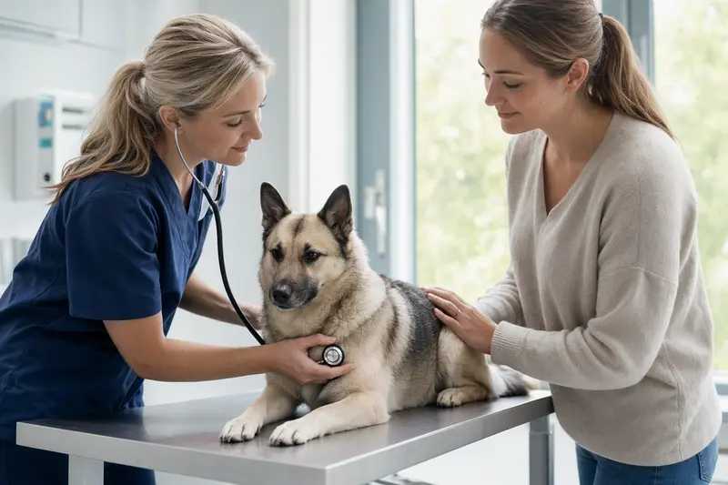 Ein ruhiger Norwegischer Buhund wird von einer freundlichen Tierärztin mit einem Stethoskop in einer modernen Tierarztpraxis untersucht, während der Besitzer beruhigend danebensteht.