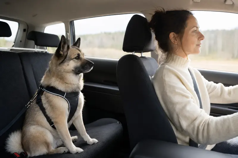 Ein Norwegischer Buhund sitzt sicher angeschnallt auf der Rückbank eines Autos, während der Besitzer ruhig fährt.
